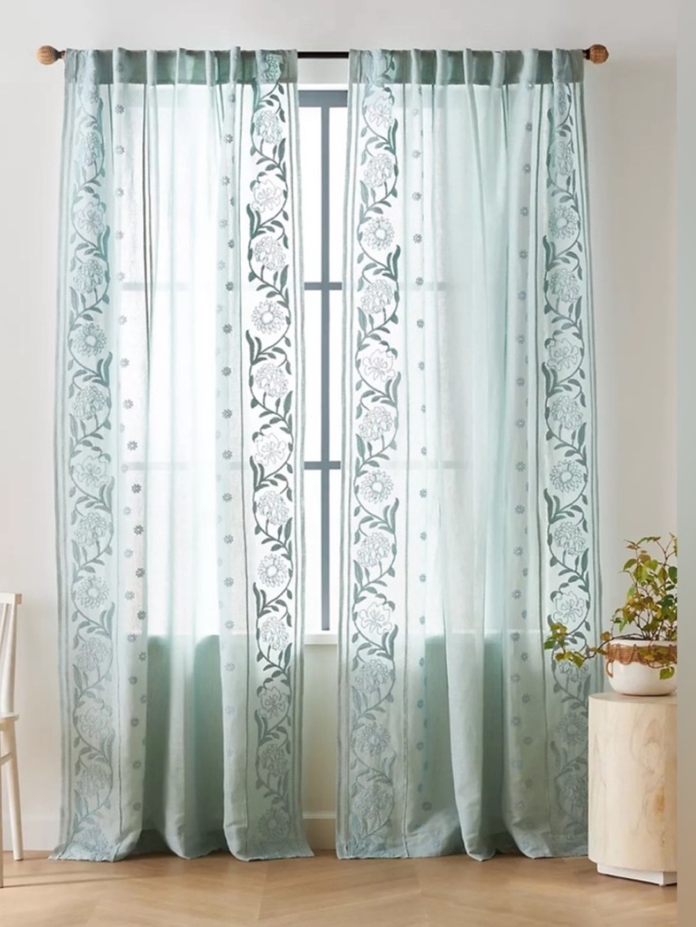 Anthropologie Manette Embroidered Cotton Linen Sheer Curtain 50 x 108 NWT